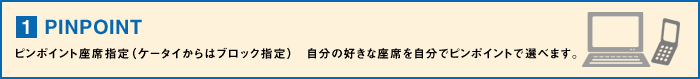 【1】PINPOINT・・・ピンポイント座席指定（ケータイからはブロック指定）自分の好きな座席を自分でピンポイントで選べます。